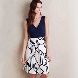Anthropologie Navy Top White Skirt Geometric Dress